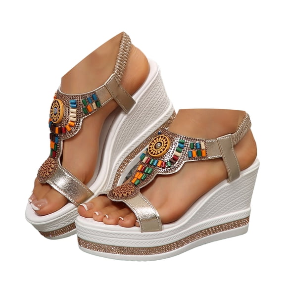 Mostsola Sandals for Women 2025 Boho Beaded Wedges Heels Platform Slingback Sandals Pumps Dress Shoes