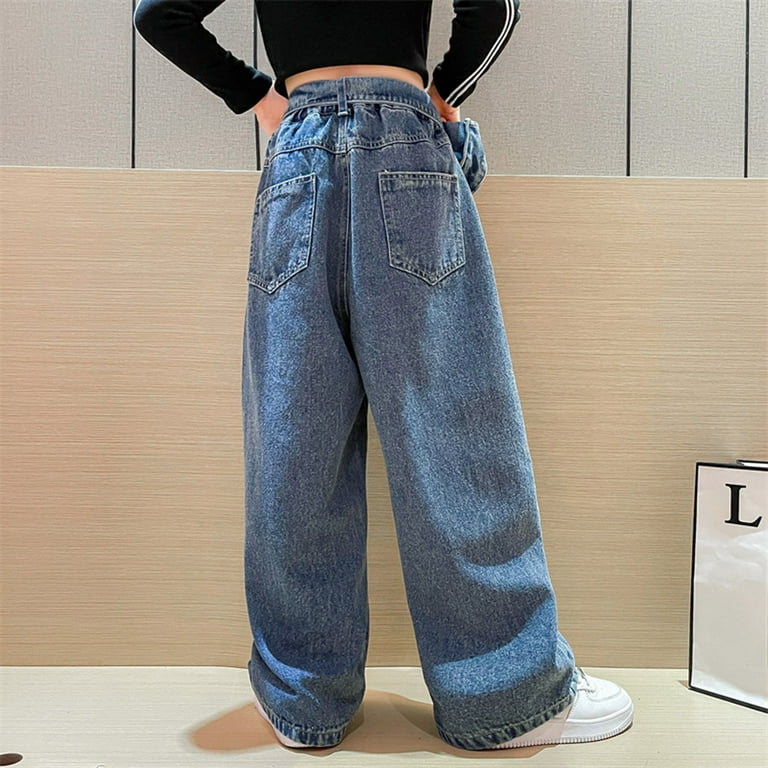 Quealent Girls 10/12 Outfits Waist Flare Leg Pants Casual Long Wide Leg  Pants Bag Matching Mother Baby Girl Denim Girls Pants Blue 9-10 Years 