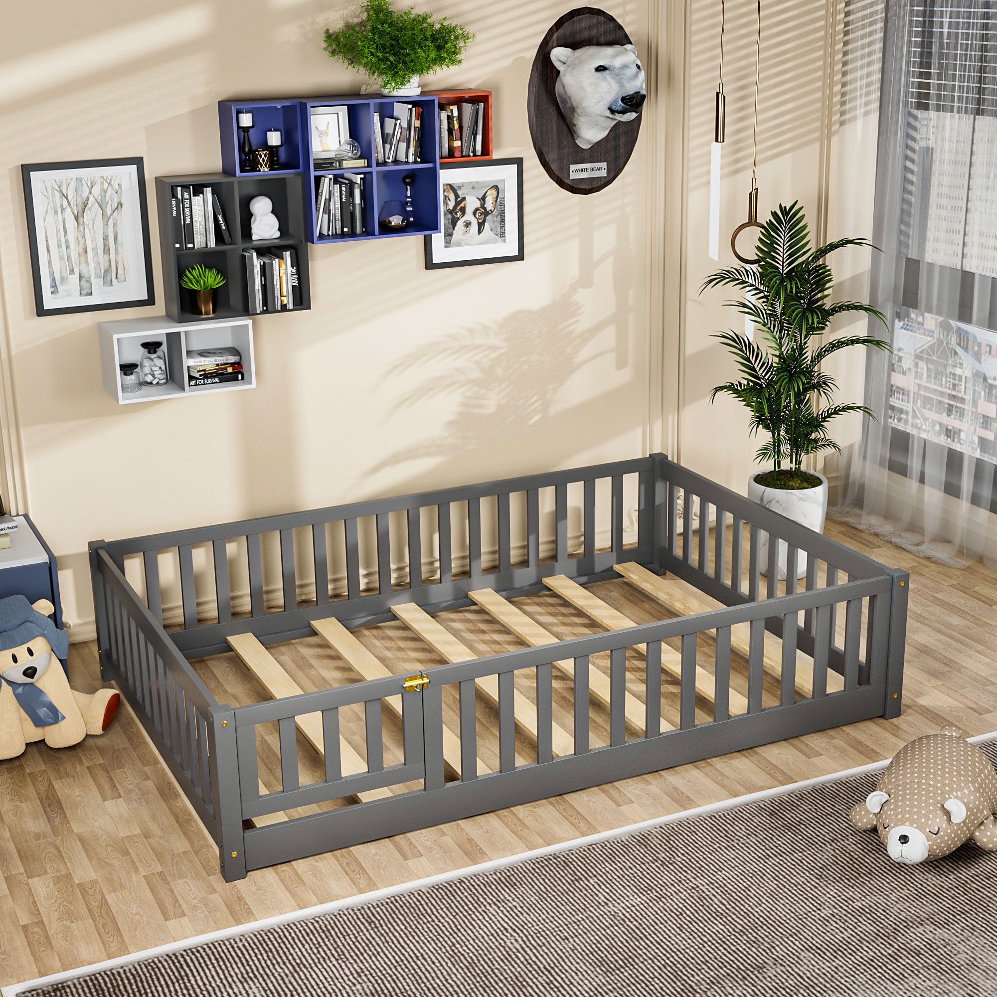 Miniyam Full Size Toddler Floor Bed with Fence, Gray
