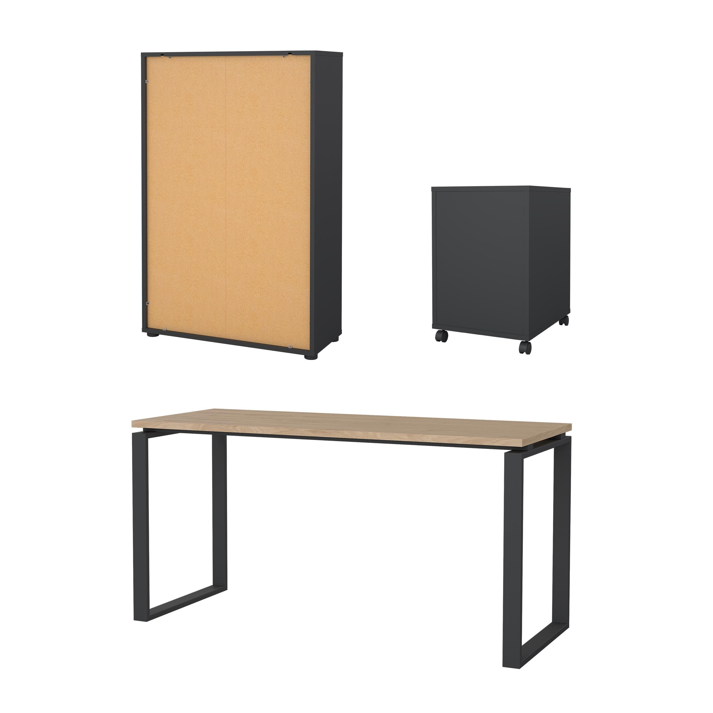 Tvilum Sign 3-Piece Home Office Set with Desk, Storage Bookcase and Mobile Storage, Matte Grey and Jackson Hickory