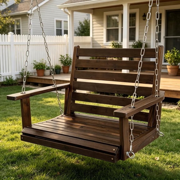 Innovaze Solid Fir Wood Porch Swing,  1-Person Patio Hanging Chair with Armrests, Heavy Duty 880 lbs Capacity,Deep Brown