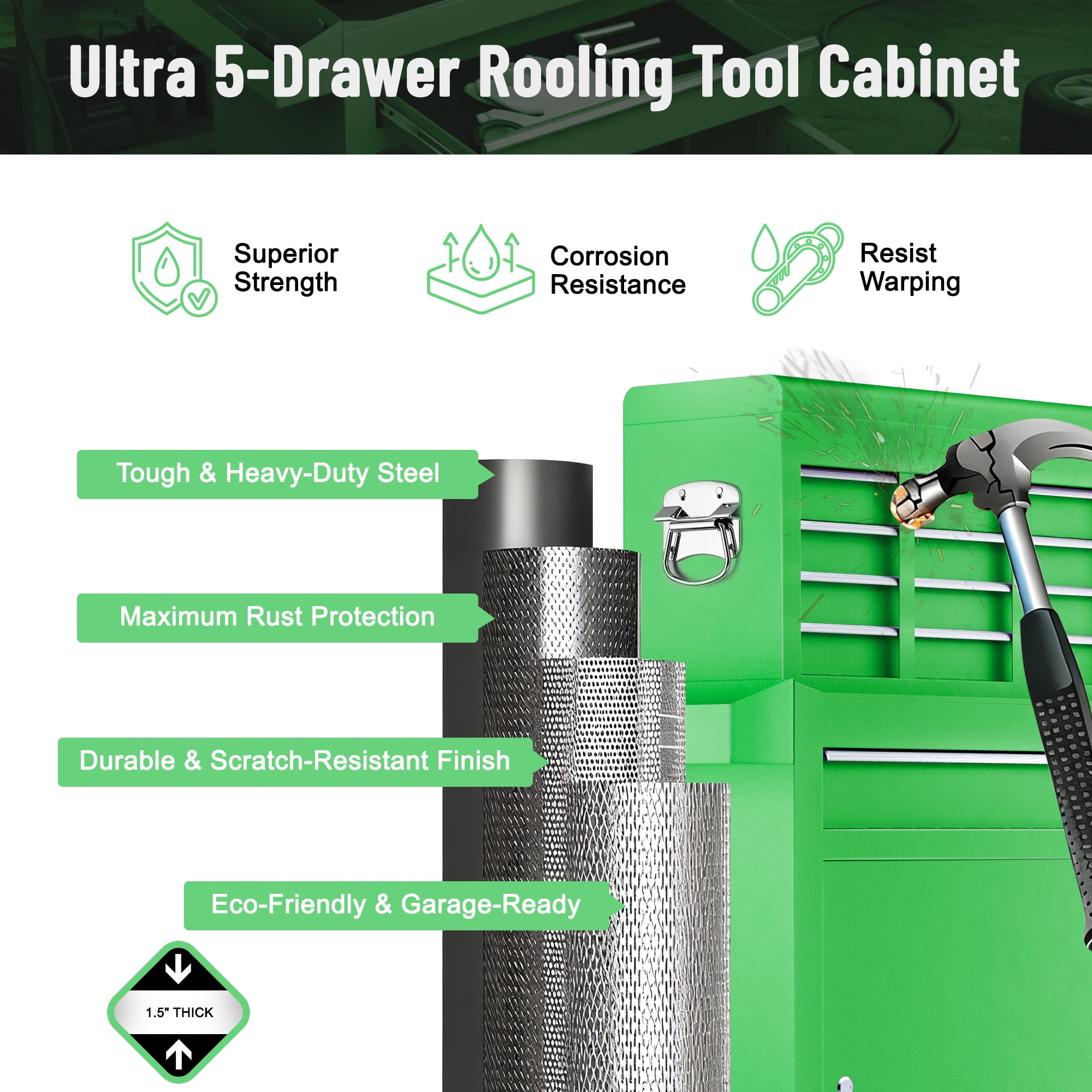 5-Drawer Tool Chest on Wheels, 2 In 1 Rolling Tool Storage Cabinet, Tool Organizer for Garage, Workshop, Warehouse & Repair Shop, Green