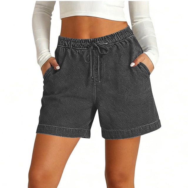 nerohusy Denim Shorts for Women High Rise Drawstring Waist with Shorts Pockets Comfy Summer Short Jeans,Dark Grey,M