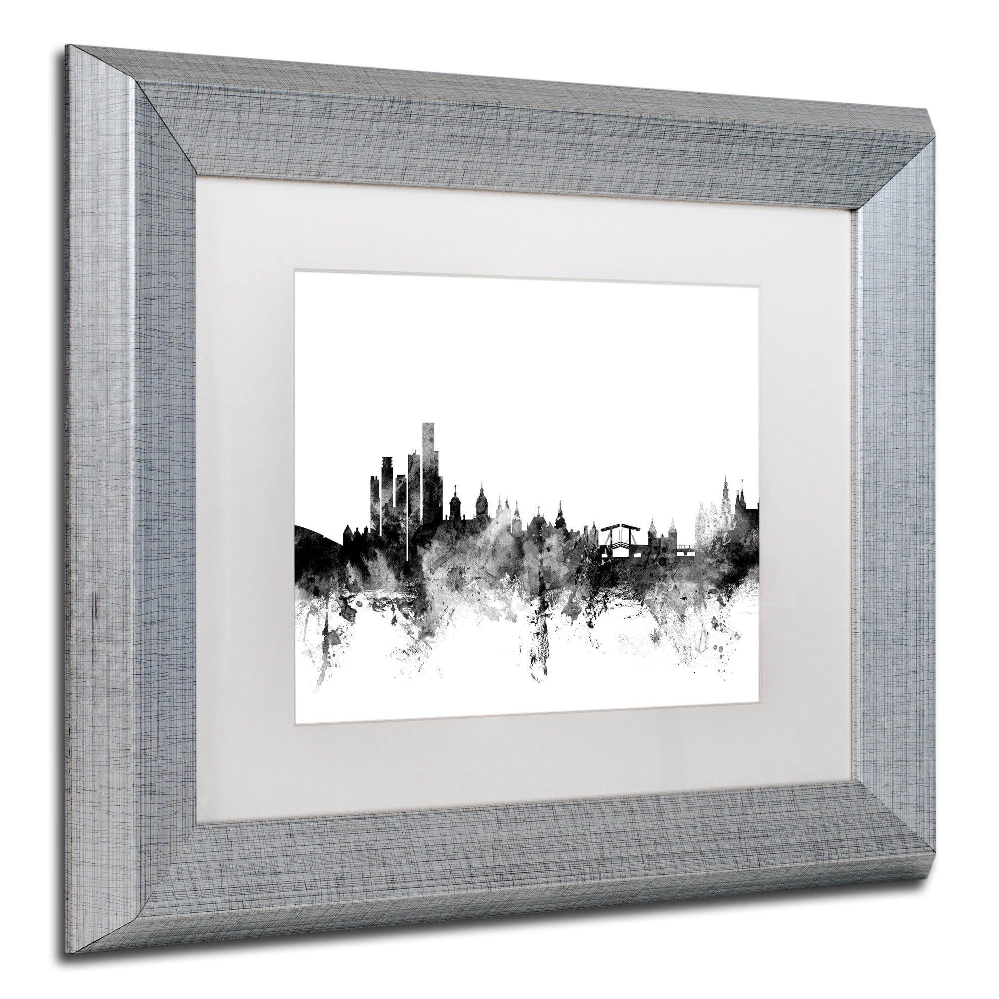 Trademark Fine Art "Amsterdam Skyline B&W" Canvas Art by Michael Tompsett, White Matte, Silver Frame