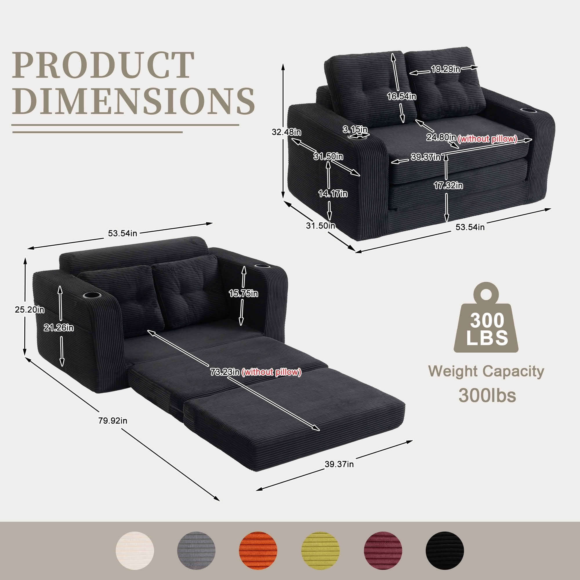 MAYEERTY 2-in-1 Convertible Expandable Sofa Bed, Fold Out Corduroy Floor Couch with Pillows, Side Pockets & Cup Holders for Bedroom Small Living Room