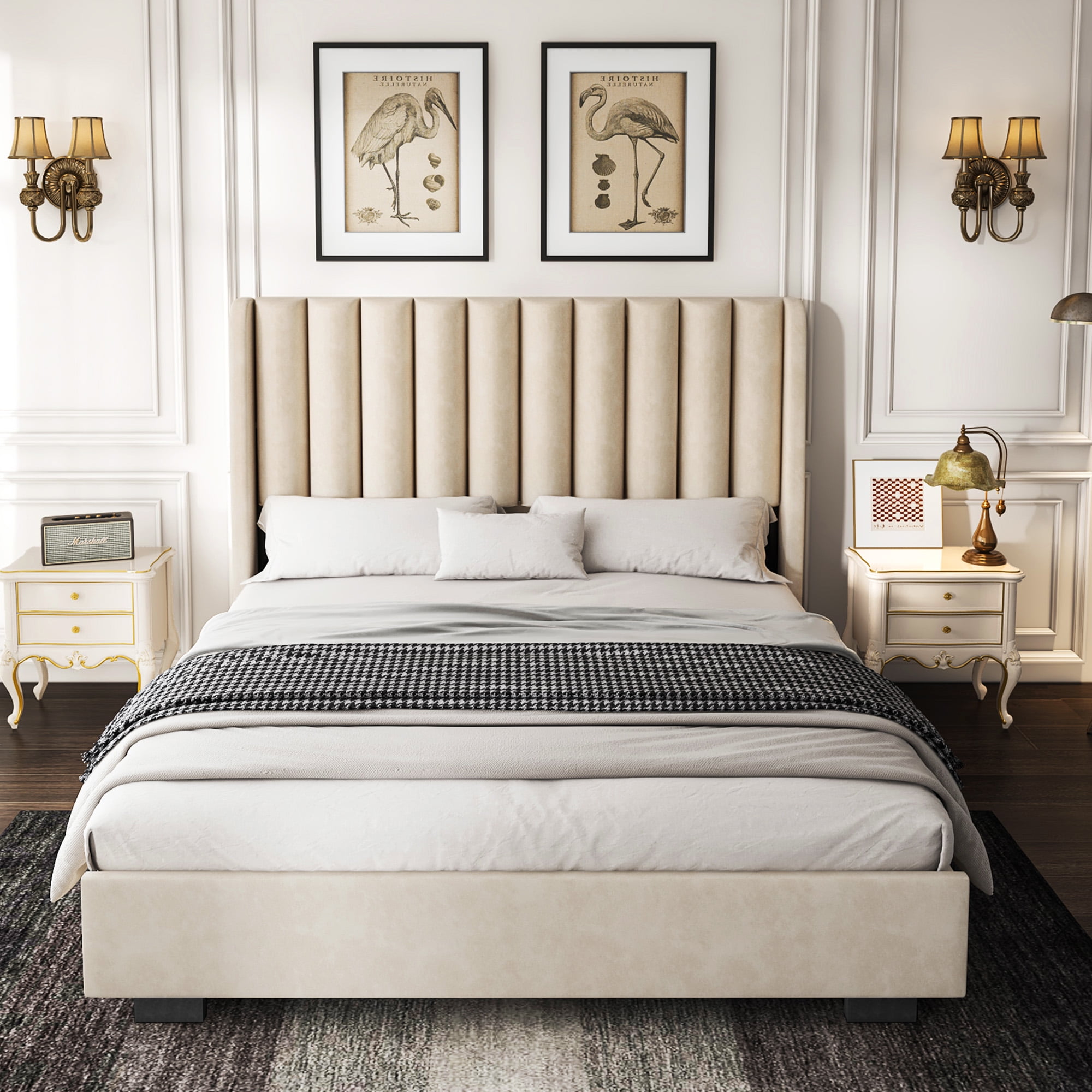 King Size Upholstered Lift Up Storage Bed Frame with 51" Tall Velvet Headboard, Wingback Platform Bed, Hydraulic Storage Base, No Box Spring Required, Noise-Free Double Low Profile Bed (King, Beige)