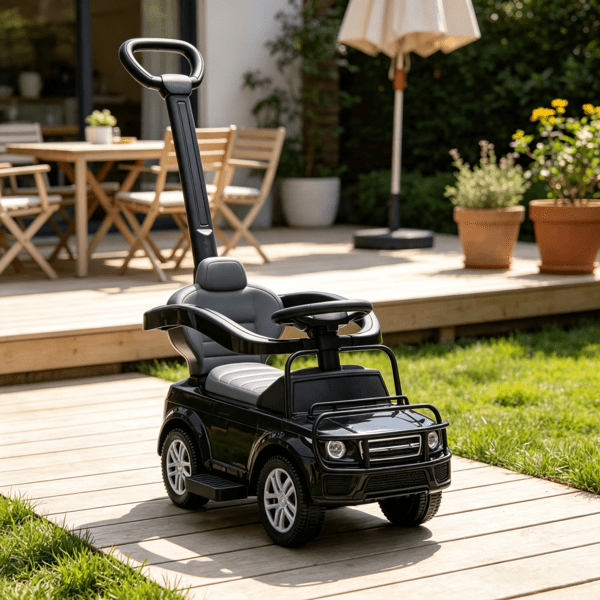 2-in-1 Baby Push Car & Ride-On, Push Handle with Safety Guardrail, Black