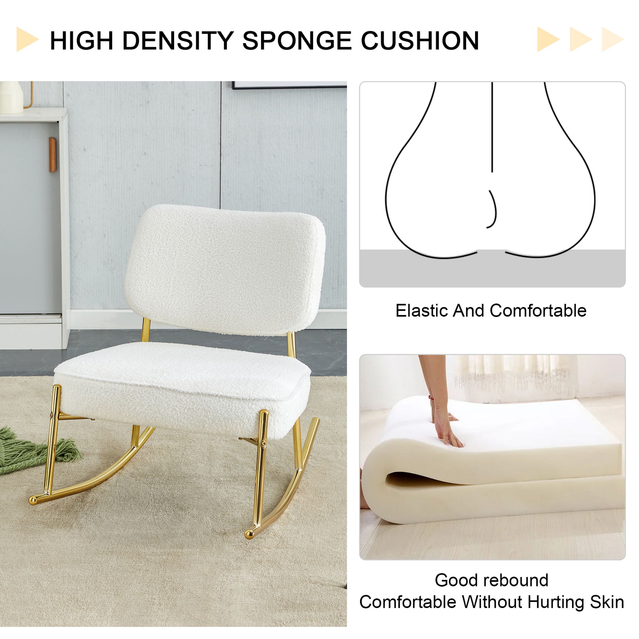 Aukfa Deep Seating Rocking Chair with Teddy Padded Seat, Golden Metal Legs for Living Room, White