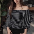 thumbnail image 4 of Women Aesthetic Flared Half Sleeve Ruched Fitted Top Off The Shoulder Beaded Halterneck Striped T-Shirt Going Out Top, 4 of 20