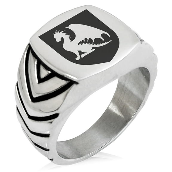 Stainless Steel Dragon Guardian Coat of Arms Shield Chevron Pattern Biker Style Polished Ring