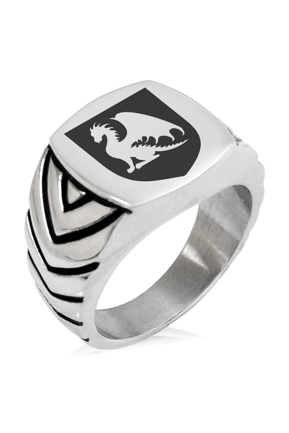 Stainless Steel Dragon Guardian Coat of Arms Shield Chevron Pattern Biker Style Polished Ring