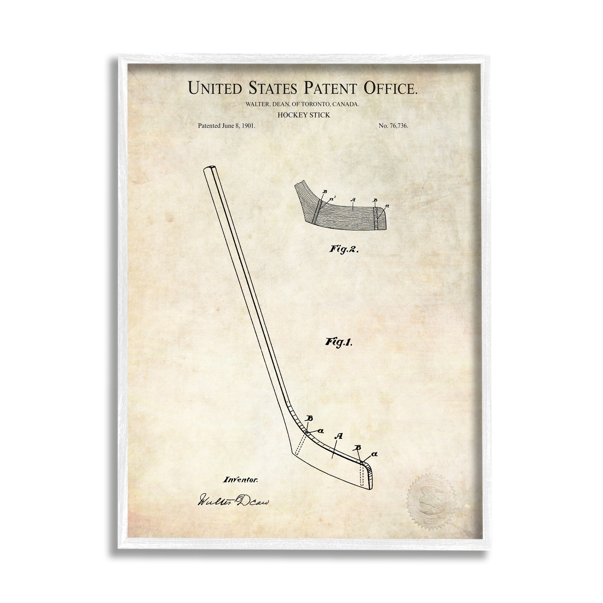 Stupell Industries Vintage Hockey Stick Sports Diagram Patent Blueprint Framed Wall Art, 16 x 20, Design by Karl Hronek