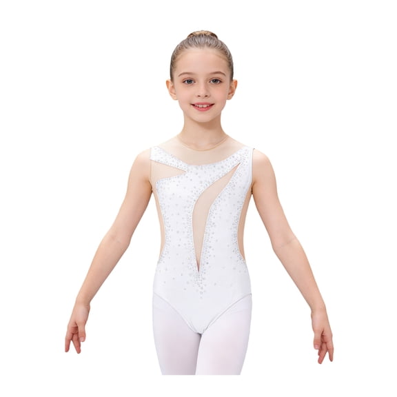 Aiihoo Kid Girls Rhinestone Ballet Dance Leotard Jersey Diamond Sparkly Figure Skating Sleeveless Sheer Mesh Bodysuit Dancewear White 8