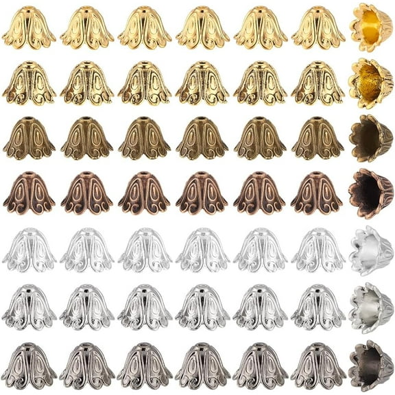 112Pcs 7 Colors Tibetan Style Alloy Bead Caps Cadmium Free & Nickel Free & Lead Free Mixed Color 15x11mm Hole: 2mm Inner Diameter: 10mm 16pcs/color