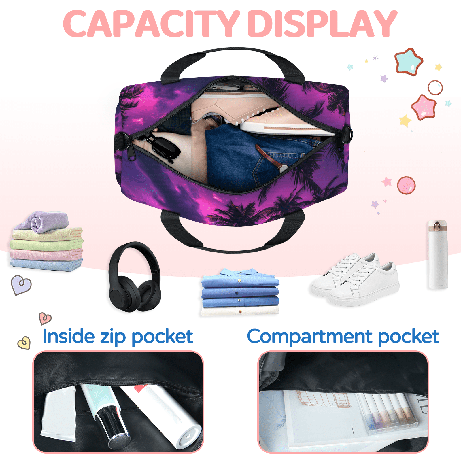 Herdesigns Palm Tropical Beach Tree Travel Duffle Bag Sports Yoga Weekender Overnight Carry on Workout Bags Lightweight Waterproof Gym Tote Bag for Women