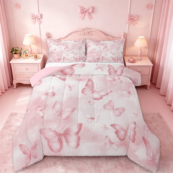 jejeloiu Kawaii Butterfly Bedding Comforter Set,Girls Pink Twin Comforter Sets,Fairy Tale Theme Bedding Set For Girls Teens,Ultra Soft Home Decor Reversible,2 Pieces