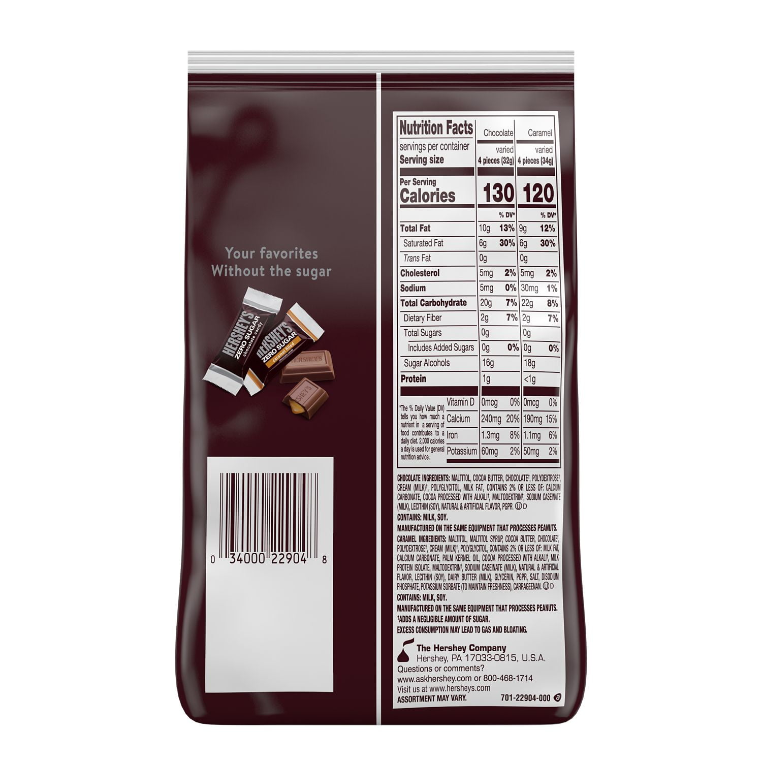 HERSHEY'S, ZERO SUGAR Chocolate and Caramel Filled Chocolate Assortment Sugar Free Candy Bars, Individually Wrapped, 15.5 oz, Bag