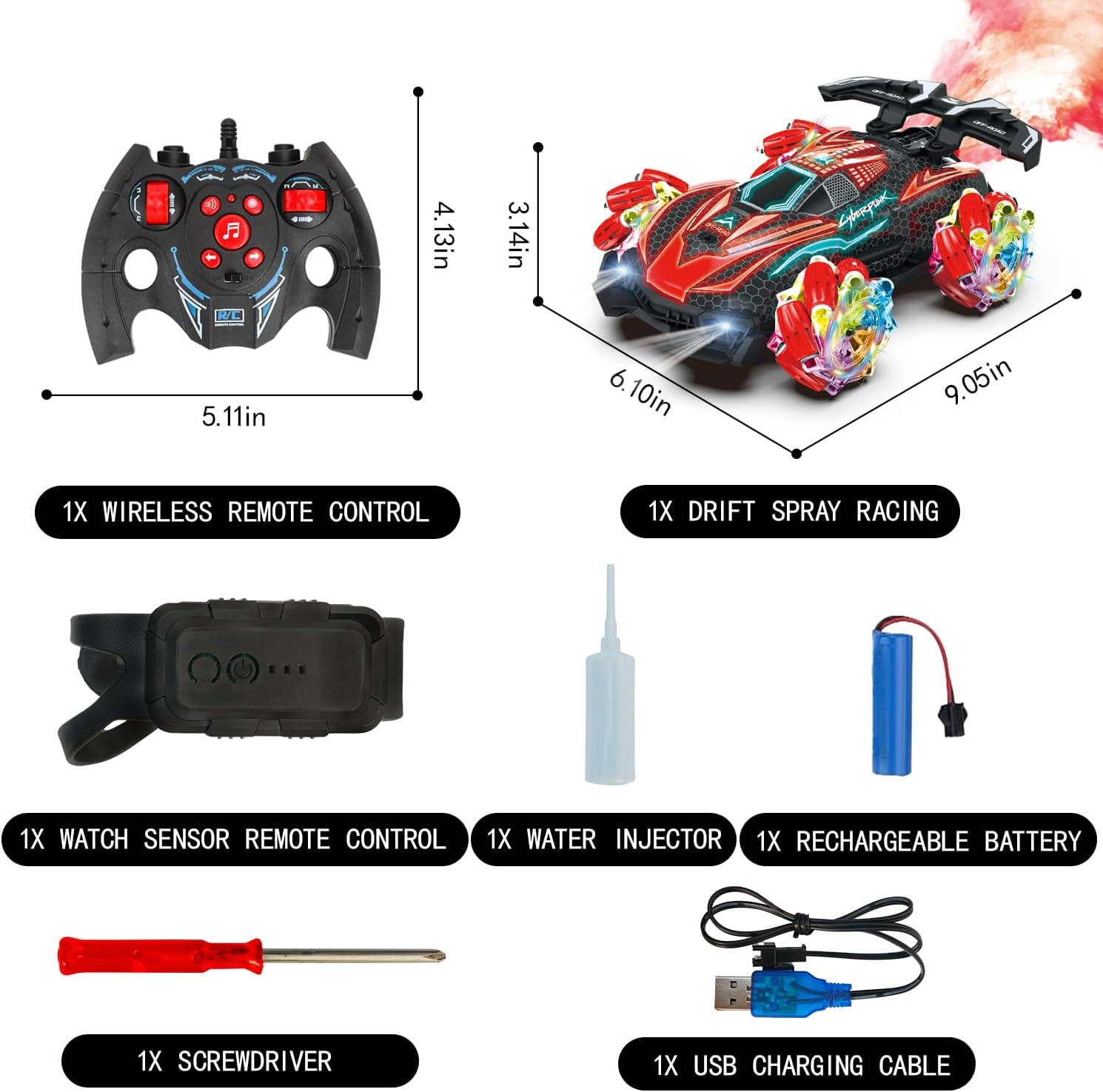Funtogether Toys RC Gesture Sensing Stunt Car with Spray, Lights & Music, 360° Rotating 4WD Transforming Remote Control Car for Boys Ages 6–12