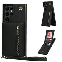 Dteck Crossbody Wallet Case for Samsung Galaxy S22 Ultra Credit Card Holder PU Leather Kickstand Shockproof Detachable Cross Body Strap Lanyard Magnetic Closure, Black