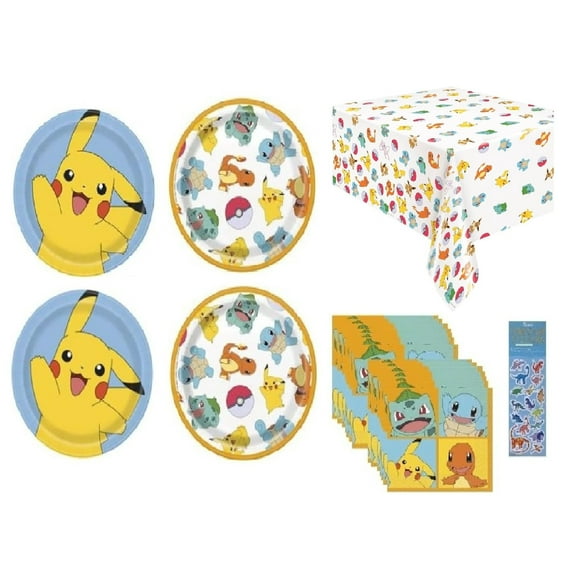 Pokemon Birthday Party Supplies Bundle Pack Includes 16 Dessert Paper Cake Plates, 16 Lunch Plates, 16 Napkins, 1 Tablecover, 1 Dinosaur Sticker Sheet