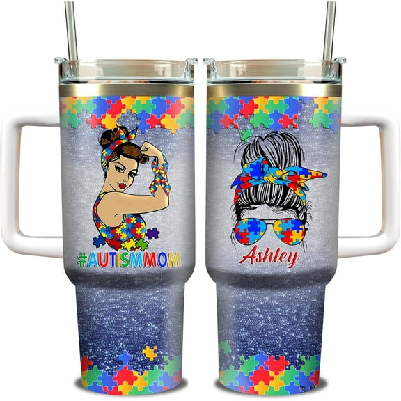 Personalized Autism Mom Tumbler 40oz with Handle and Straw Stainless Steel From Daughters Sons For Mommy Mother Mama Customized Name Gifts Idea on Birthday Christmas Mothers Day