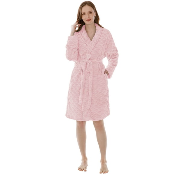 PAVILIA Light Pink Short Robes for Women, Plush Soft Womens Bathrobe Lightweight, Fluffy Fuzzy Cozy Womens Bath Robe Knee Length, Shower Spa House Kimono Robe, L/XL