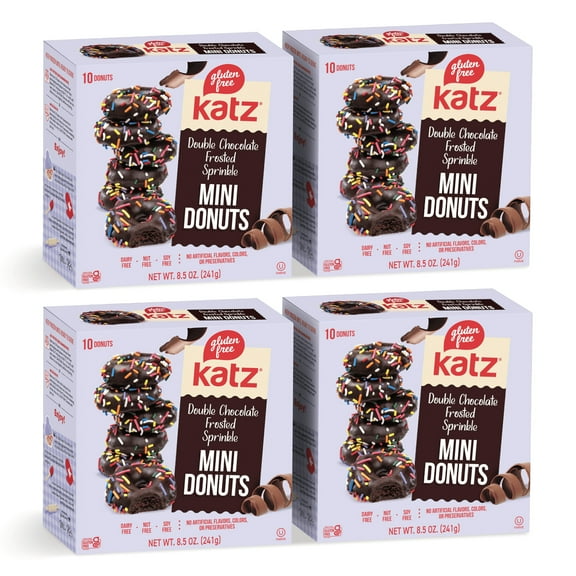 Katz Gluten Free Double Chocolate Frosted Sprinkle Mini Donuts - 4 Pack (FBM) |Gluten Free, Dairy Free, Nut Free, Soy Free, Kosher| 8.5 Ounce Each)
