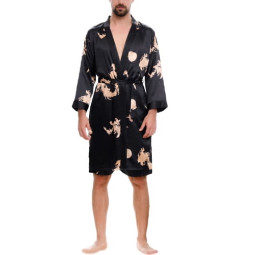 Mens Dragon Print Satin Sleepwear Kimono Bathrobe with Shorts Pajama Loungewear