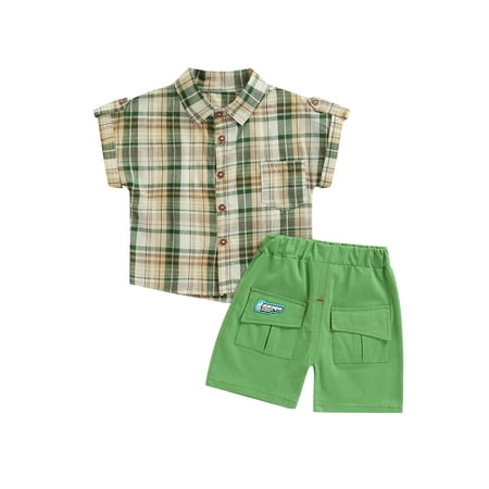 

Ma&Baby Toddler Boy Outfits Summer Short Sleeve Plaid Print Lapel Shirt Tops Shorts 2pcs Set