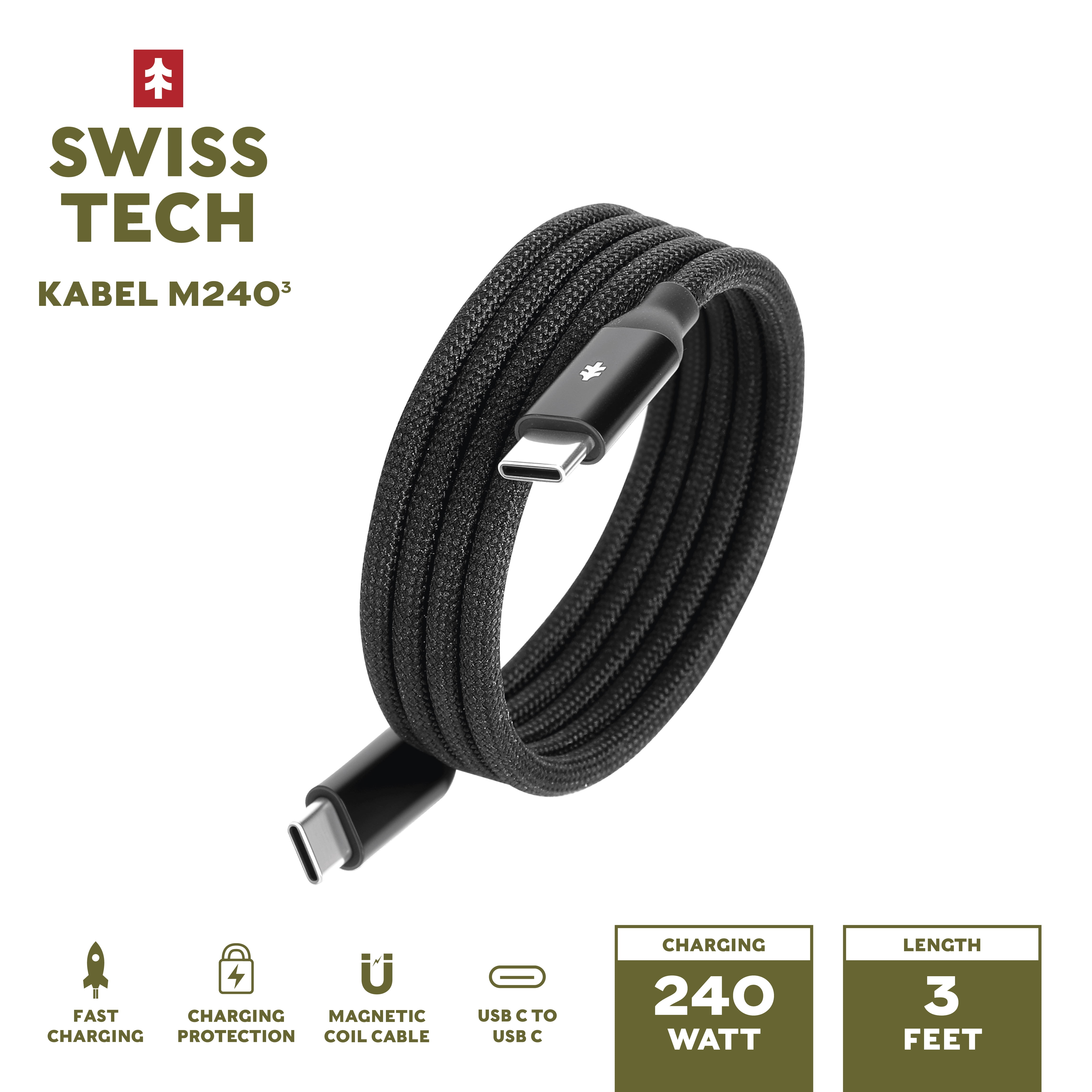 Swiss Tech Kabel M240 3 ft 240W Magnetic Self-Coiling USB-C Charging Cable