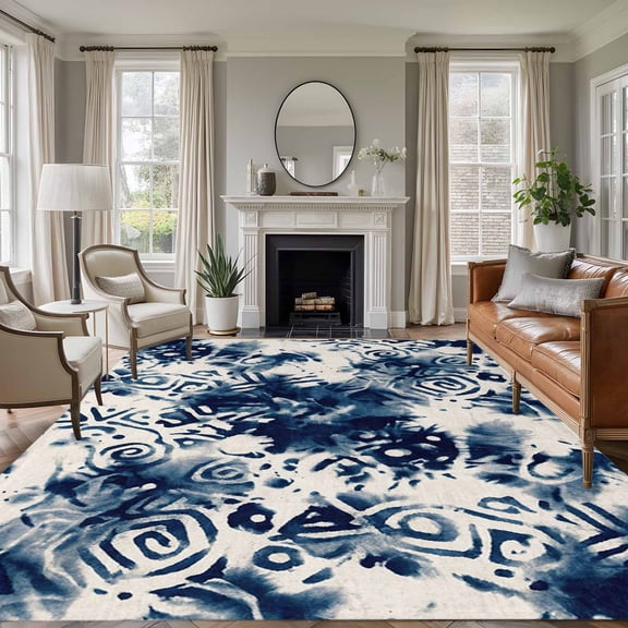 Area Rug for Living Room, Blue Tie-dye Non-Slip Indoor Large Carpet for Bedroom/Dining Room, Vintage Rustic Abstract Painting Art Washable Low-Profile Rectangle Floor Runner Rugs - 6 x 9 Ft