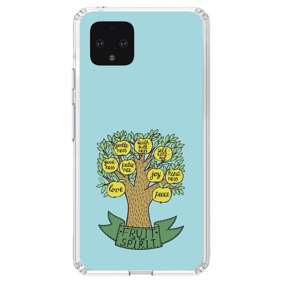 DistinctInk Clear Shockproof Hybrid Case for Google Pixel 4 XL (6.3" Screen) - TPU Bumper, Acrylic Back, Tempered Glass Screen Protector - Fruit of the Spirith - Tree - Yellow Teal