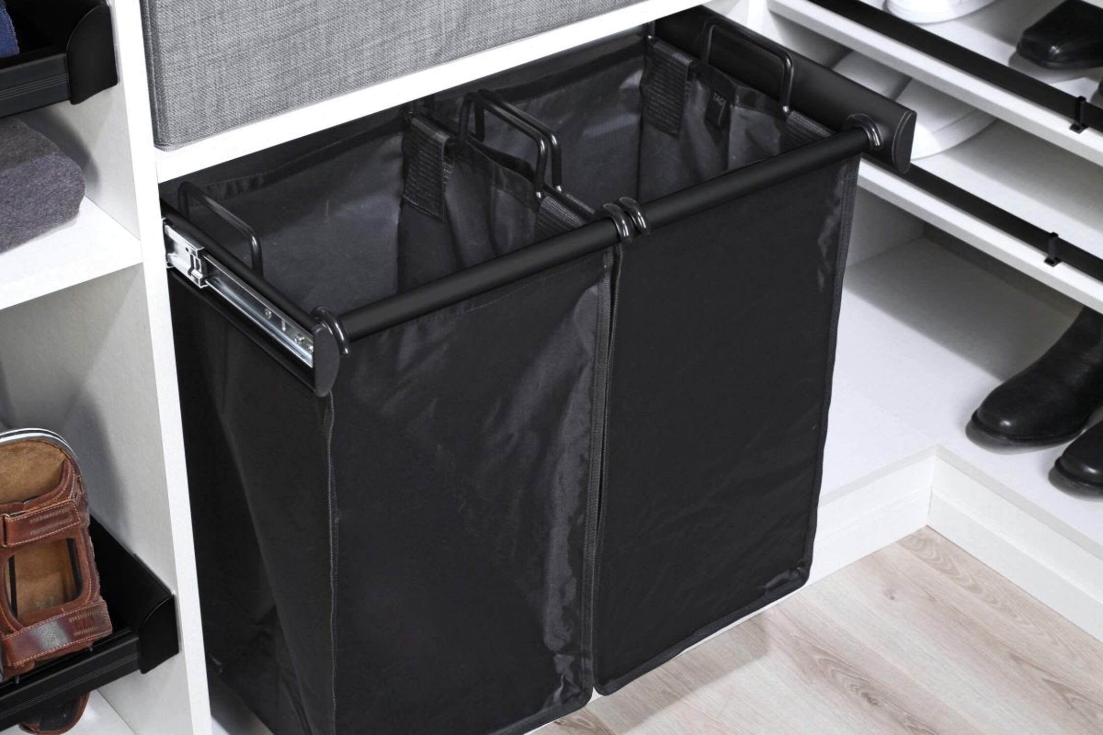 TAG Hardware Full Extension Pullout Laundry Hamper with Removable Bag Matt Nickel (Width (24") 610 mm - 2 removable small bags)