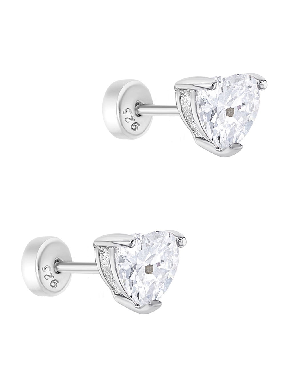 925 Sterling Silver Clear CZ Safety Back Solitaire Heart Girl Earrings
