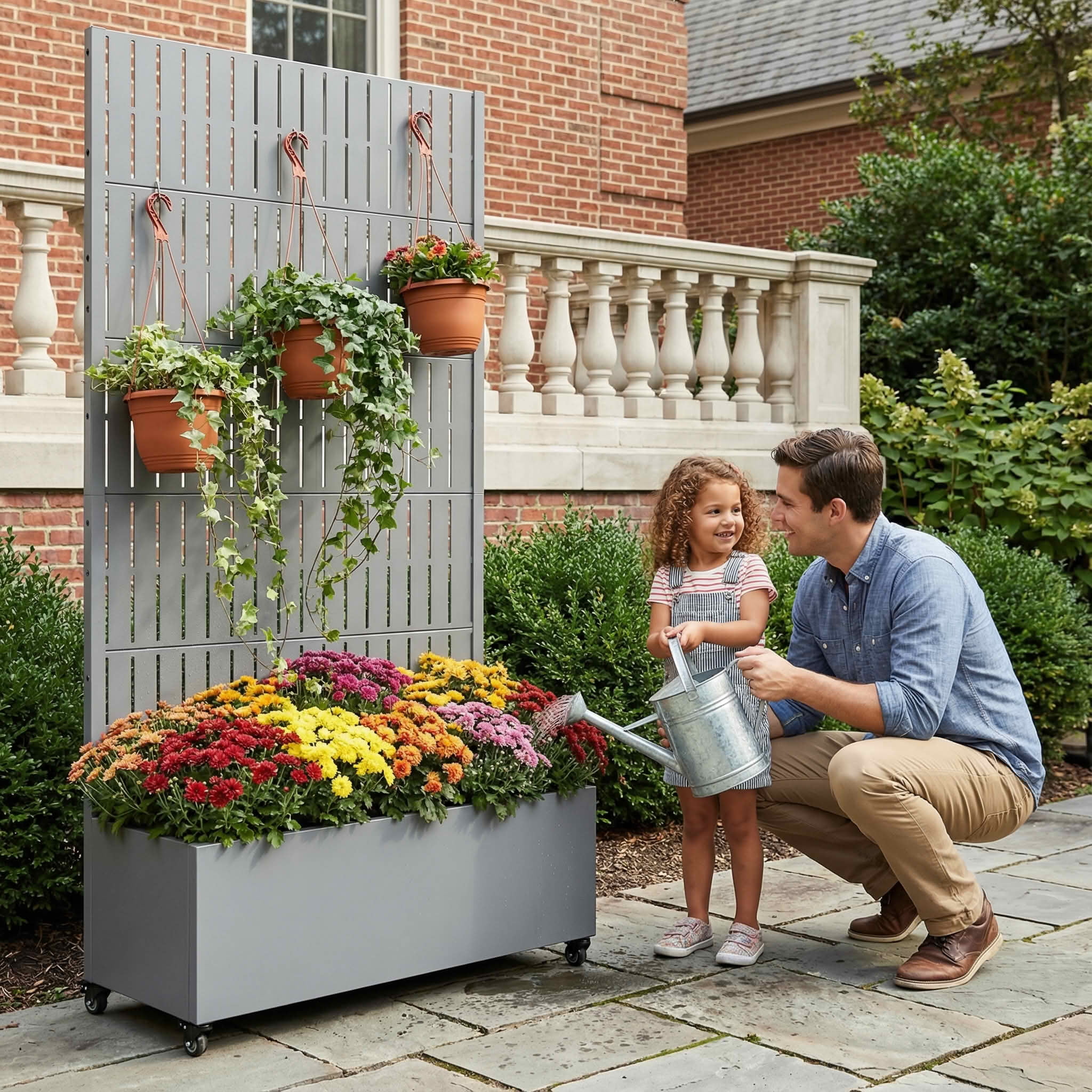 MAYEERTY 72X35" Metal Outdoor Gray Privacy Screen with Planter Box for Backyard & Garden, 5 Piece Set