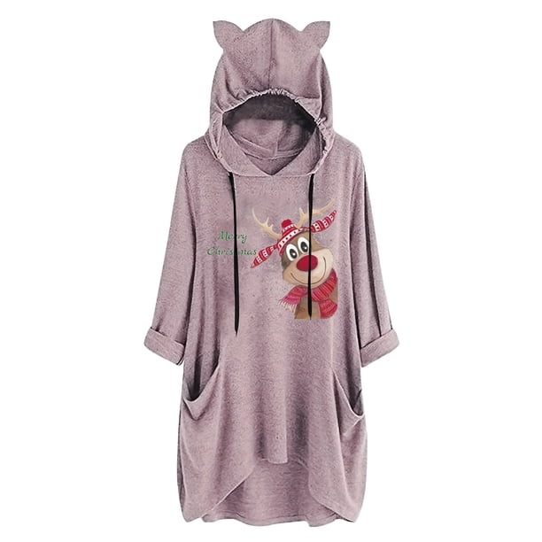 Top de manga larga con cuello redondo y capucha para mujer con estampado navideño y bolsillo suelto para mujer Pompotops FGAJ11089