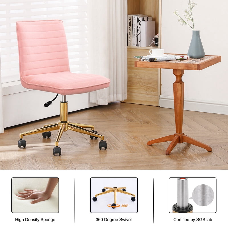 Modern Armless Office Chair, Adjustable Height Upholstered Desk Chair with Rolling Casters and Gold Metal Base, Task Chair for Home Office, Vanity, Bedroom,Pink