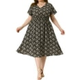 thumbnail image 1 of Vestido Floral de Talla Grande para Mujeres GRACE & GRANDEUR, Vestido de Chiffon Boho con Escote en V, Mangas Cortas con Volantes, Cintura Fruncida, Vestidos Midi de Verano 1X Negro, 1 of 8