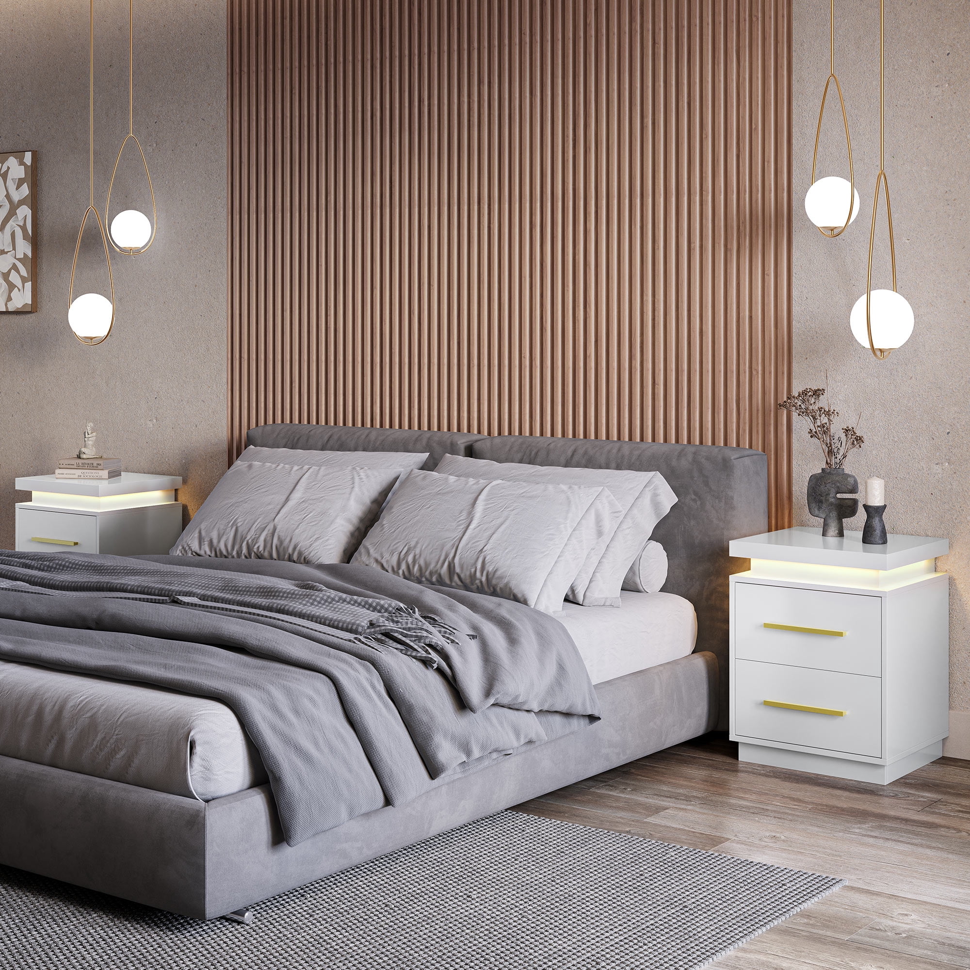 BELLEZE End Tables Set of 2, Nightstands Beside Tables with RF Remote-Controlled LED Lights, Two Drawers, and Gold Metal Handles for Bedroom or Living Room - Zoey (White)
