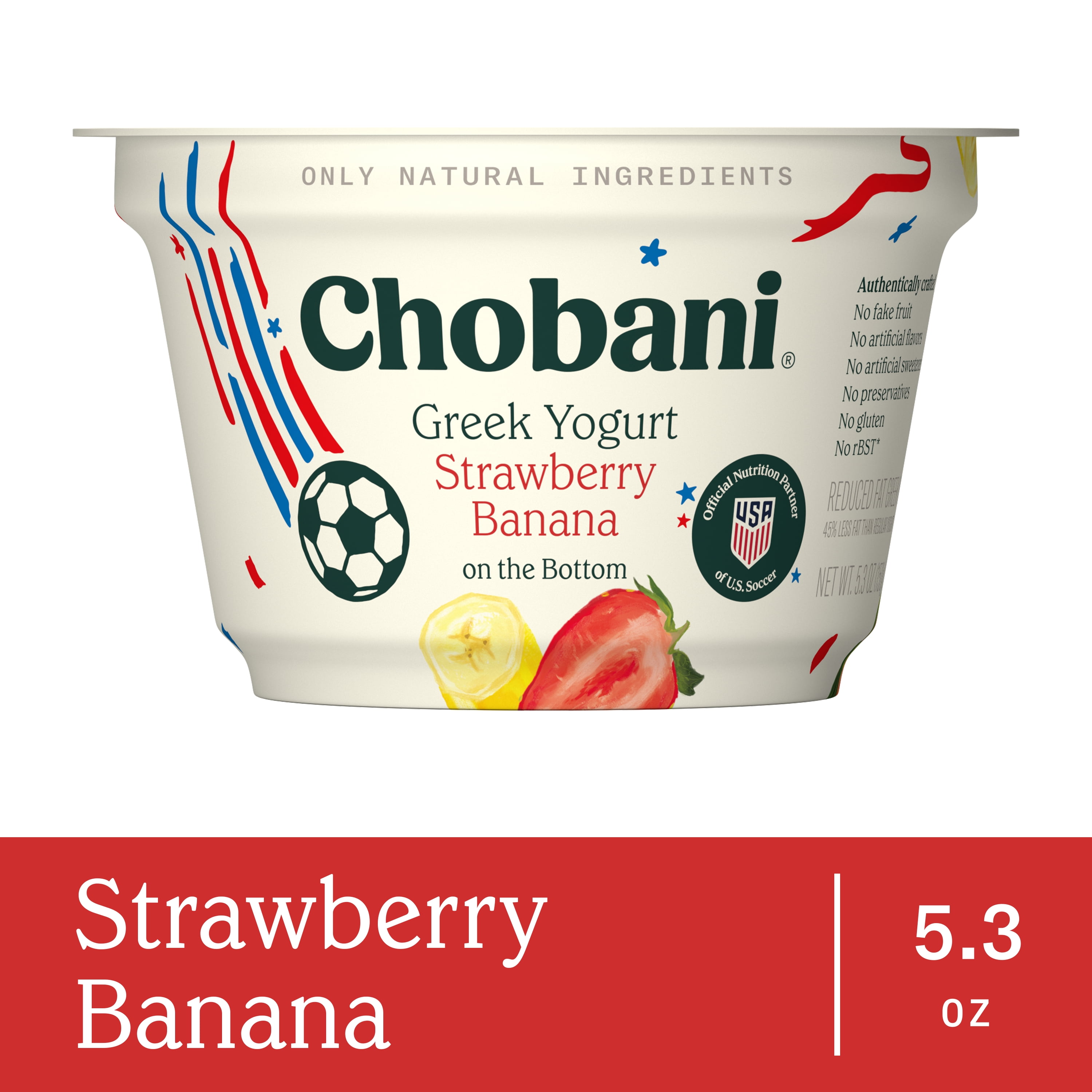 Chobani Low-Fat Greek Yogurt Strawberry Banana on The Bottom 5.3 oz Cup