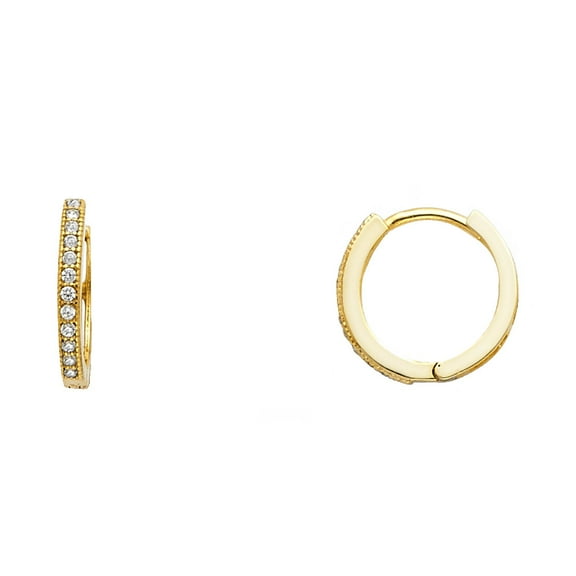 Small CZ Huggie Hoop Earrings Solid 14k Yellow Gold Huggies Round CZ Stylish Fashion Fancy 12 mm