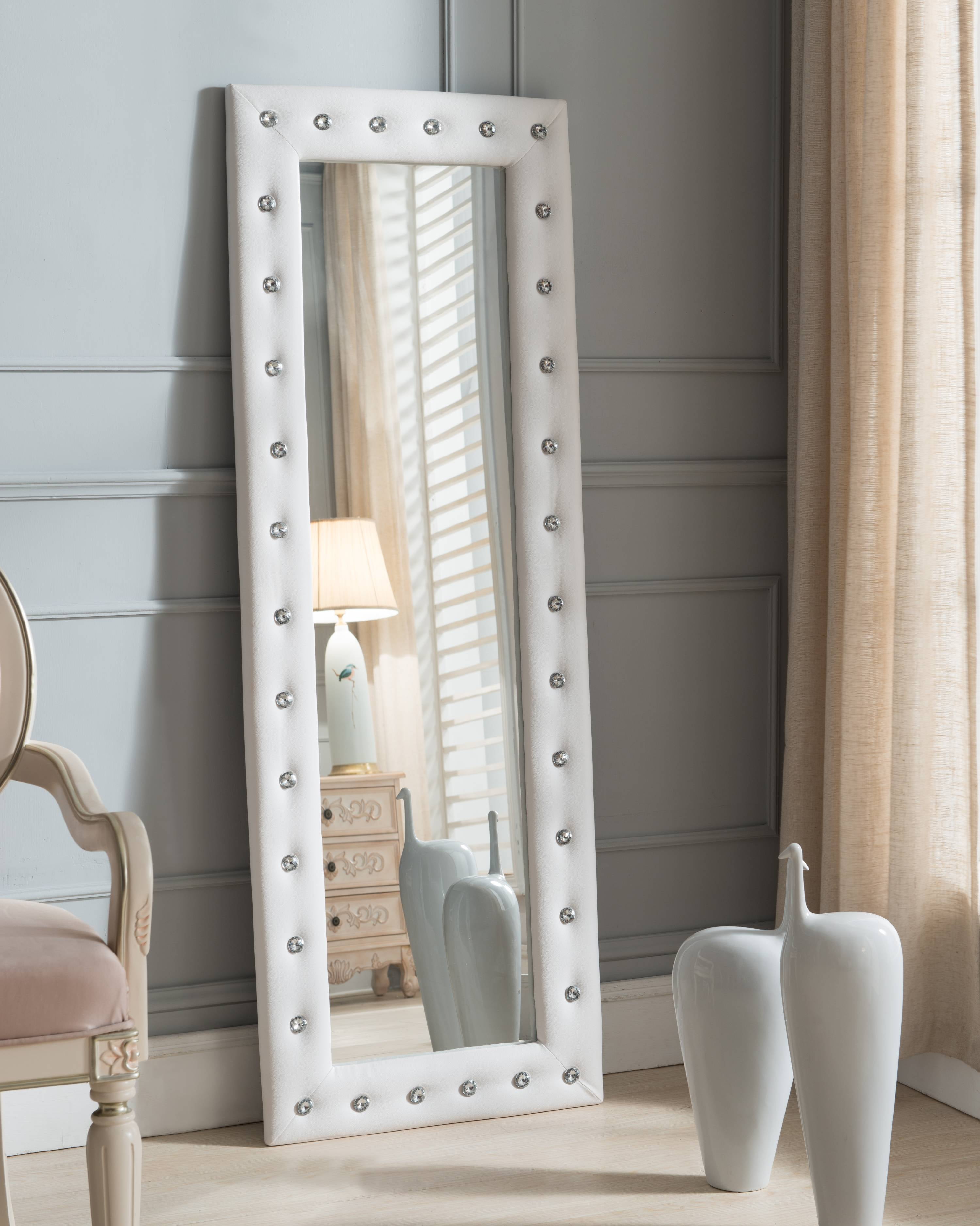 Jane Floor Standing Mirror White Upholstered Tufted Faux Leather