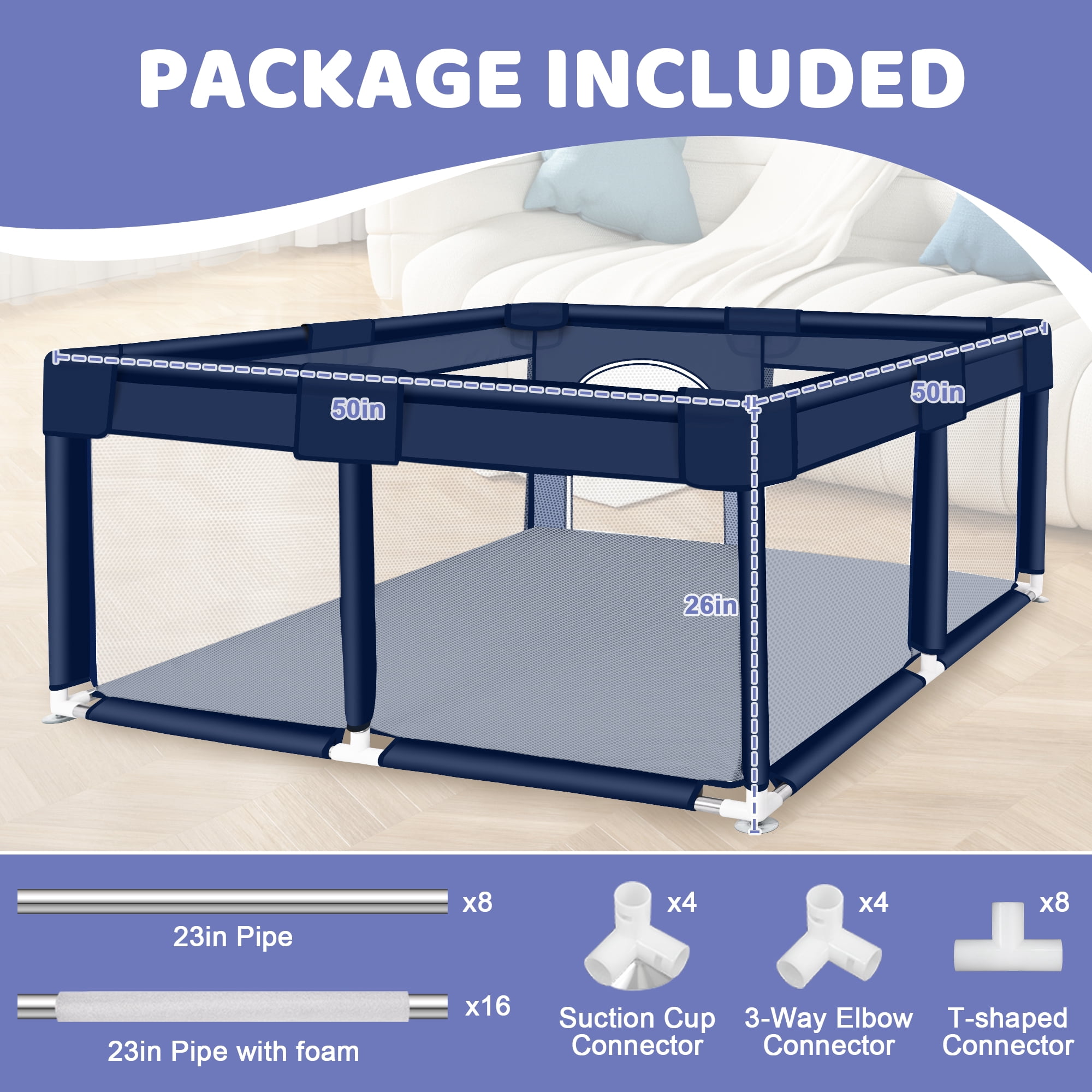 Baby Playpen, HDJ 50*50 inch Baby Play Yard with Soft Breathable Mesh and Anti-Slip Base, Baby Fence Infant Playard for Boy and Girls, Blue