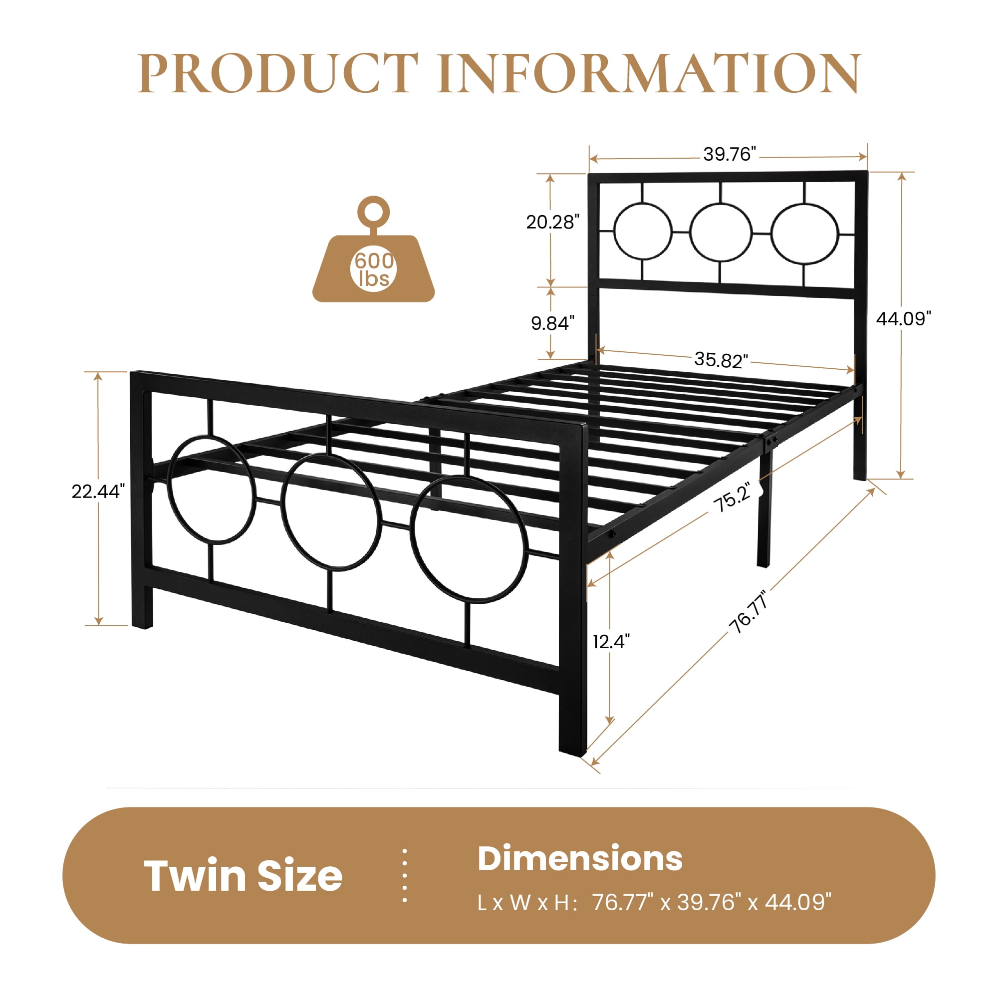 Amolife Twin Size Bed Frame, Heavy Duty Metal Platform Bed with Vintage Circular Headboard & Footboard, Black