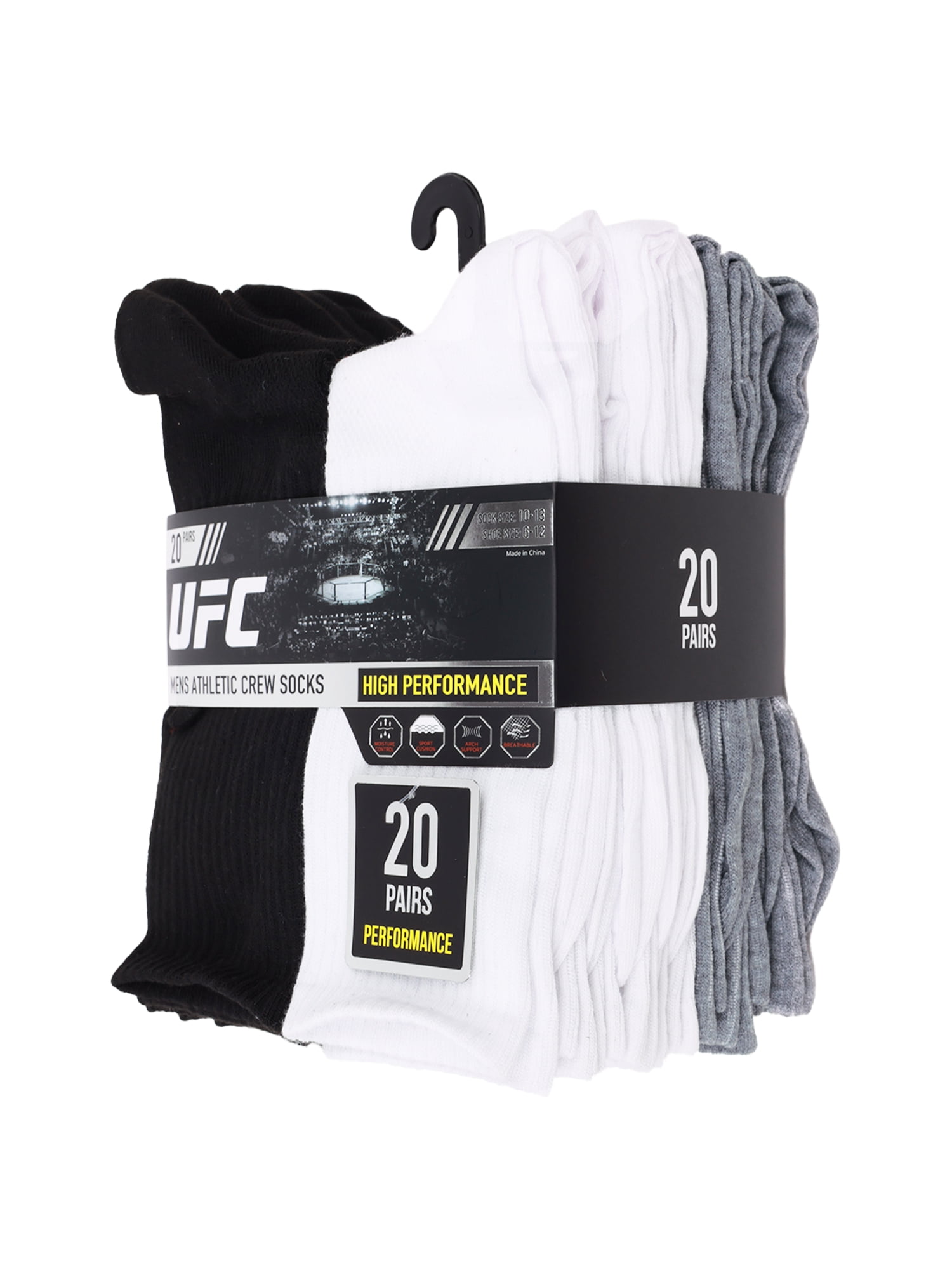 UFC 20 Pair Men's Lightweight Crew Socks with Toe Logo, Blk/Wht/Grey
