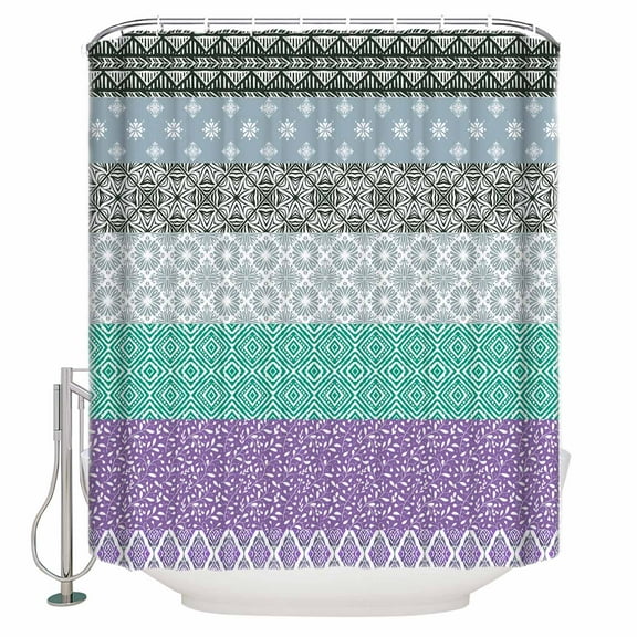 Fabric Shower Curtain, Boho Purple Green Blue Striped Geometric Ethnic Style Shower Curtains with 12 Hooks Waterproof Machine Washable Bath Curtains for Bathroom, 72 x 96in