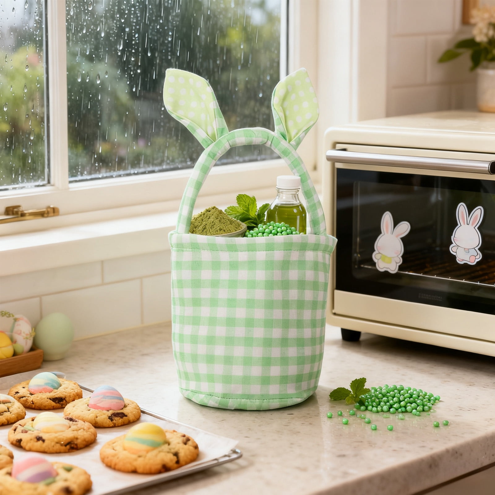 Lunxisen 3 Pcs Easter Bunny Basket Plaid Gingham Easter Buckets with Border Pleat,Cute Easter Basket Tote Easter Eggs Hunt Bag,Easter Decorations,Candy Gifts Storage