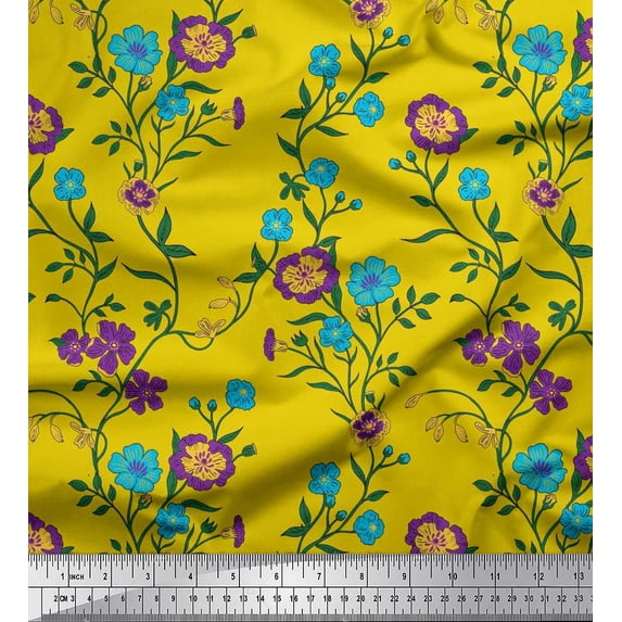 Soimoi Silk Fabric Leaves & Floral Artistic Printed Craft Fabric by the Yard 42 Inch Wide