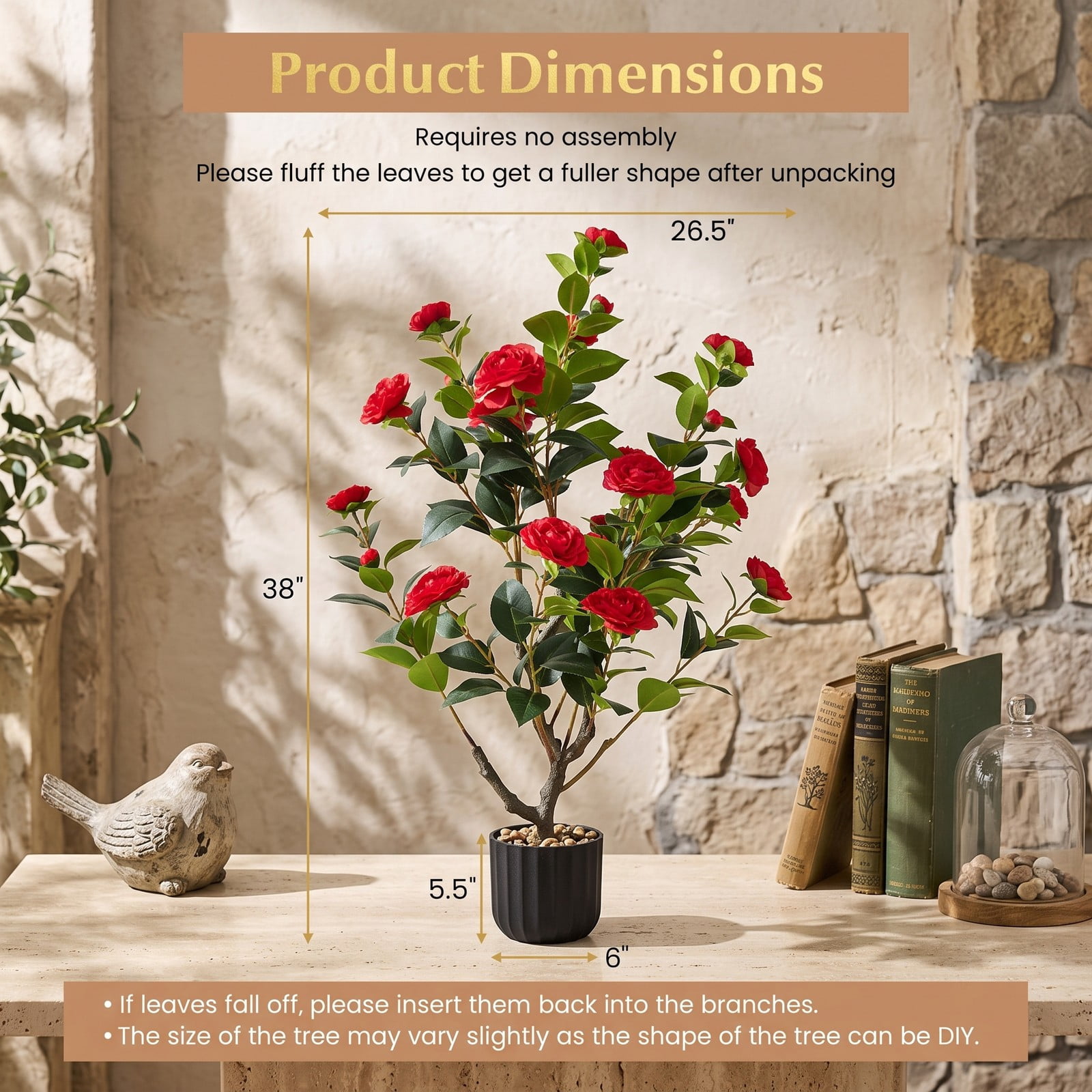 ALPULON 38 Inch Artificial Camellia Tree, Faux Silk Flower Plant with 24 Blooms in Cement Pot for Home Office Living Room Entryway Decor, No Watering Required, Red