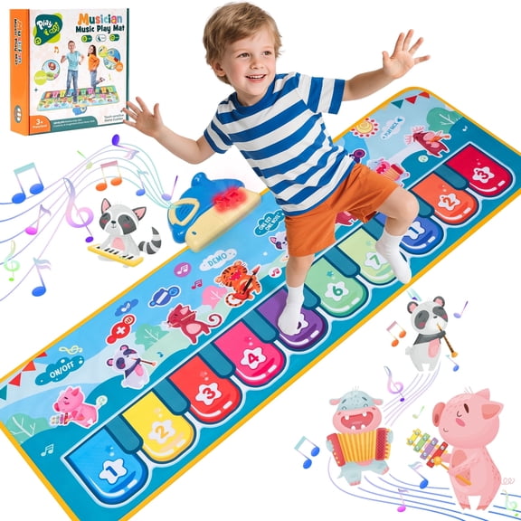 Piano Mat for Toddlers, 39.5in Musical Keyboard Floor Playmat, 10 Pianp Keys, 8 Instrument Sounds, Montessori Toys Gifts for 1-3 Year Boy Girl for Birthday Christma